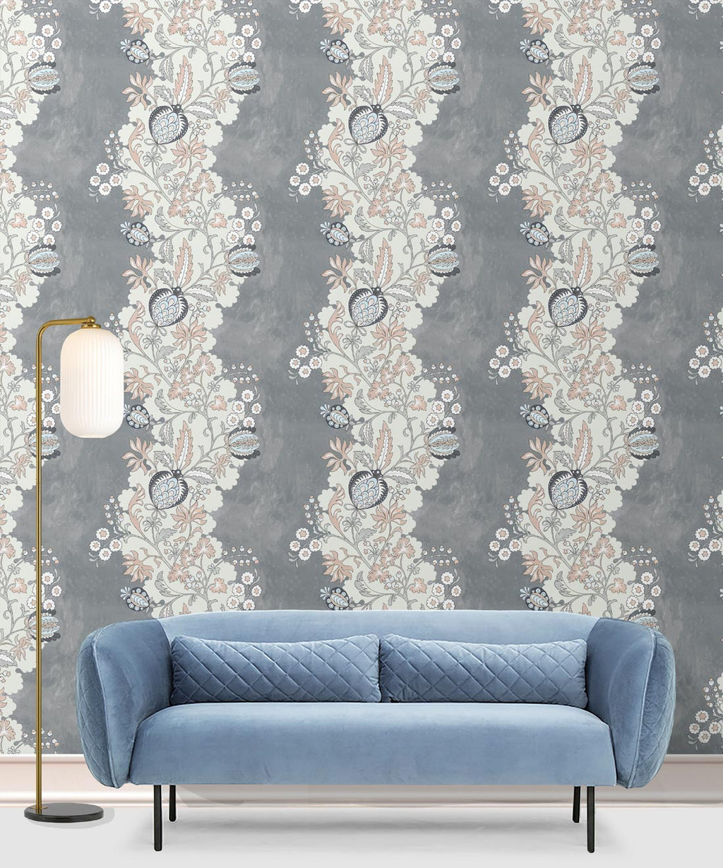 Pomegranate Wallpaper • Dusty Pink • Insitu with Blue Sofa