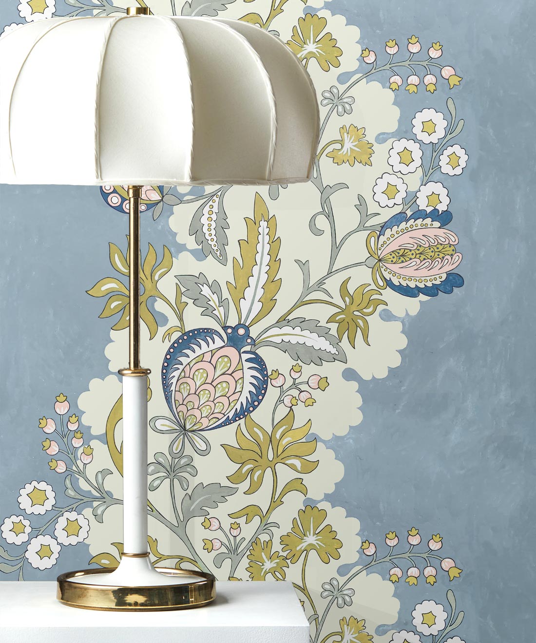 Pomegranate Wallpaper • French Blue • insitu with lamp