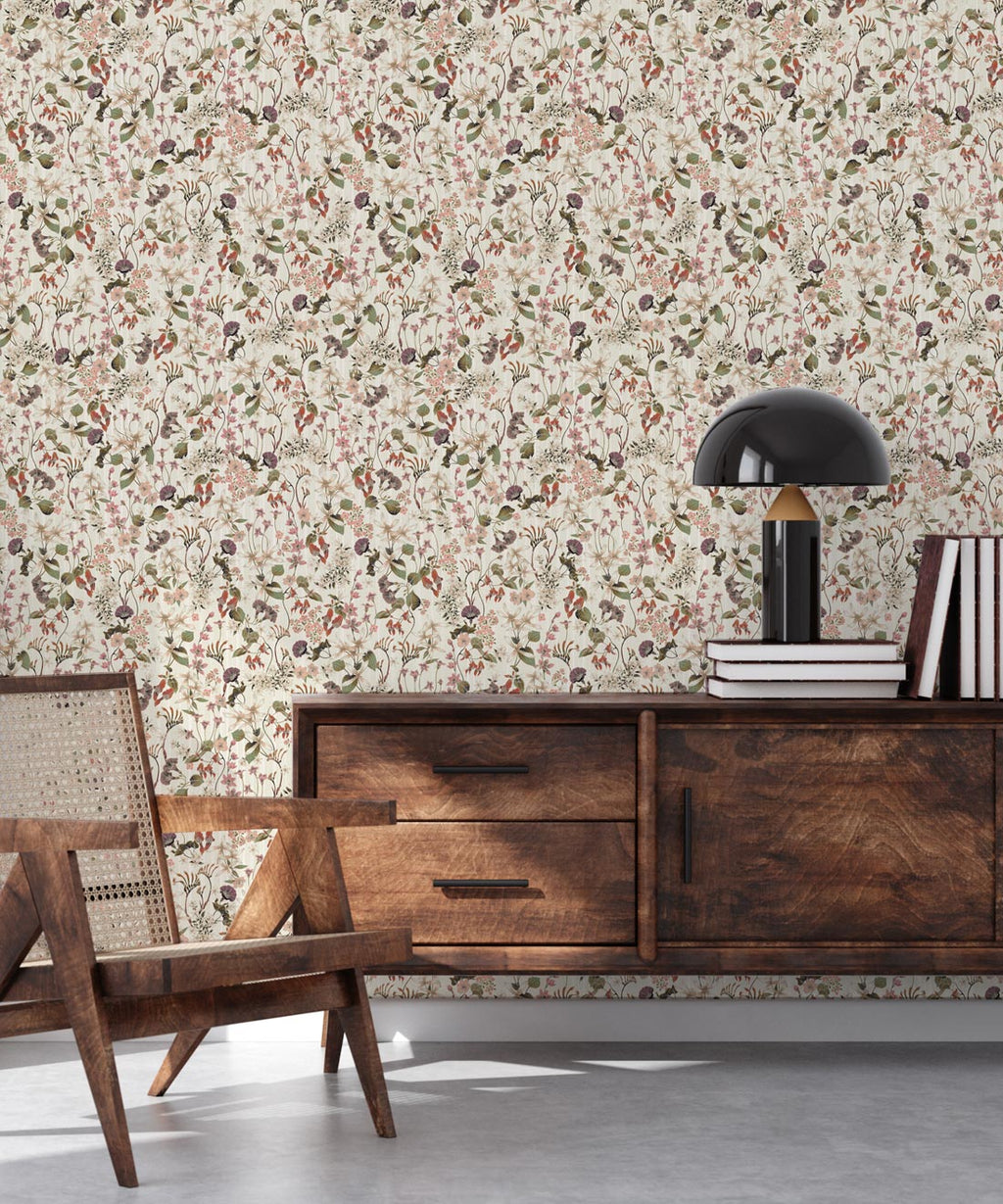 County Flowers Wallpaper • Eloise Short • Vintage Floral Wallpaper • Granny Chic Wallpaper • Grandmillennial Style Wallpaper • Neutral • Insitu
