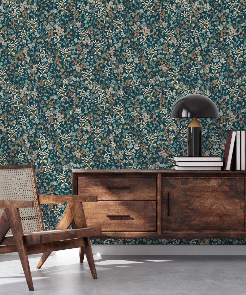 County Flowers Wallpaper • Eloise Short • Vintage Floral Wallpaper • Granny Chic Wallpaper • Grandmillennial Style Wallpaper • Peacock • Insitu