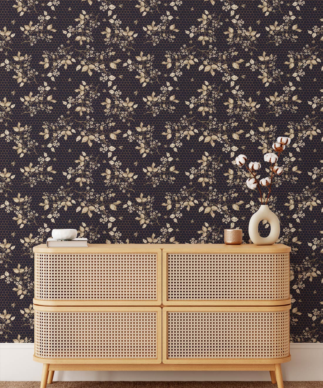 Bee Blossom Wallpaper • Hackney & Co. • Navy • Insitu