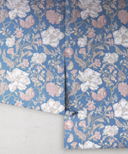 Load image into Gallery viewer, Magnolia Garden Wallpaper • Floral Wallpaper with Pomegranates • Iryna Ruggeri • Blue • Rolls