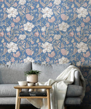 Load image into Gallery viewer, Magnolia Garden Wallpaper • Floral Wallpaper with Pomegranates • Iryna Ruggeri • Blue • Insitu