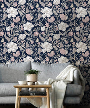 Load image into Gallery viewer, Magnolia Garden Wallpaper • Floral Wallpaper with Pomegranates • Iryna Ruggeri • Navy • Insitu