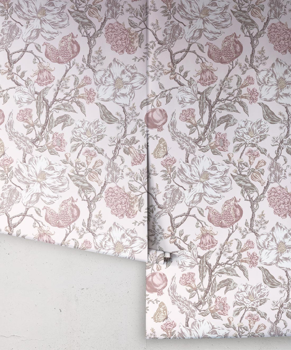 Magnolia Garden Wallpaper • Floral Wallpaper with Pomegranates • Iryna Ruggeri • Pink • Rolls