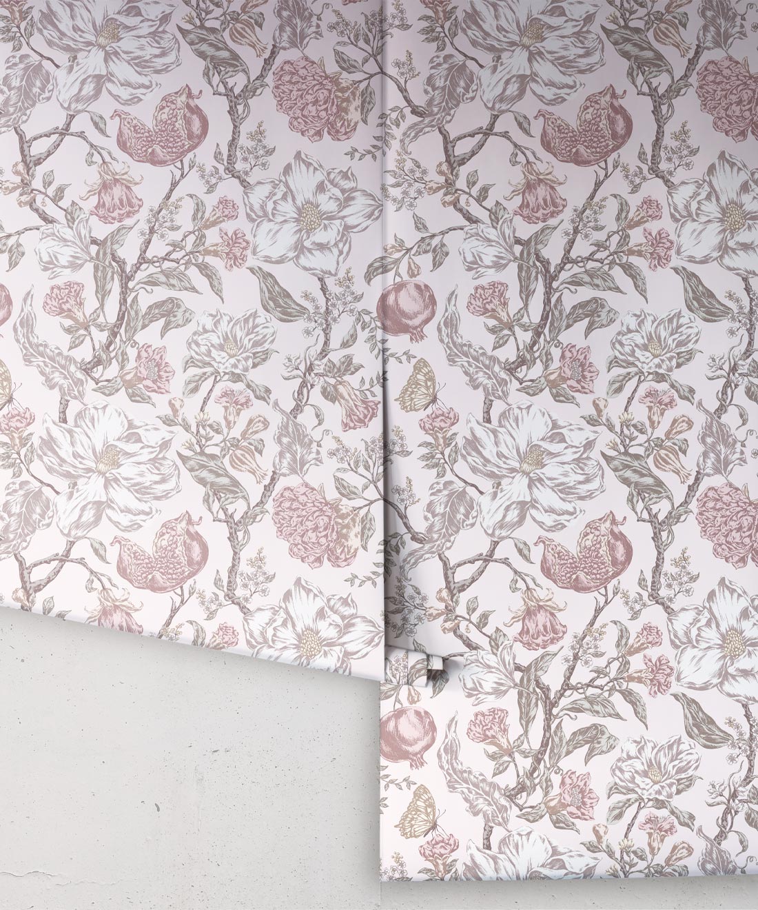 Magnolia Garden Wallpaper • Floral Wallpaper with Pomegranates • Iryna Ruggeri • Pink • Rolls
