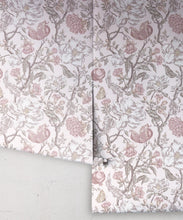 Load image into Gallery viewer, Magnolia Garden Wallpaper • Floral Wallpaper with Pomegranates • Iryna Ruggeri • Pink • Rolls