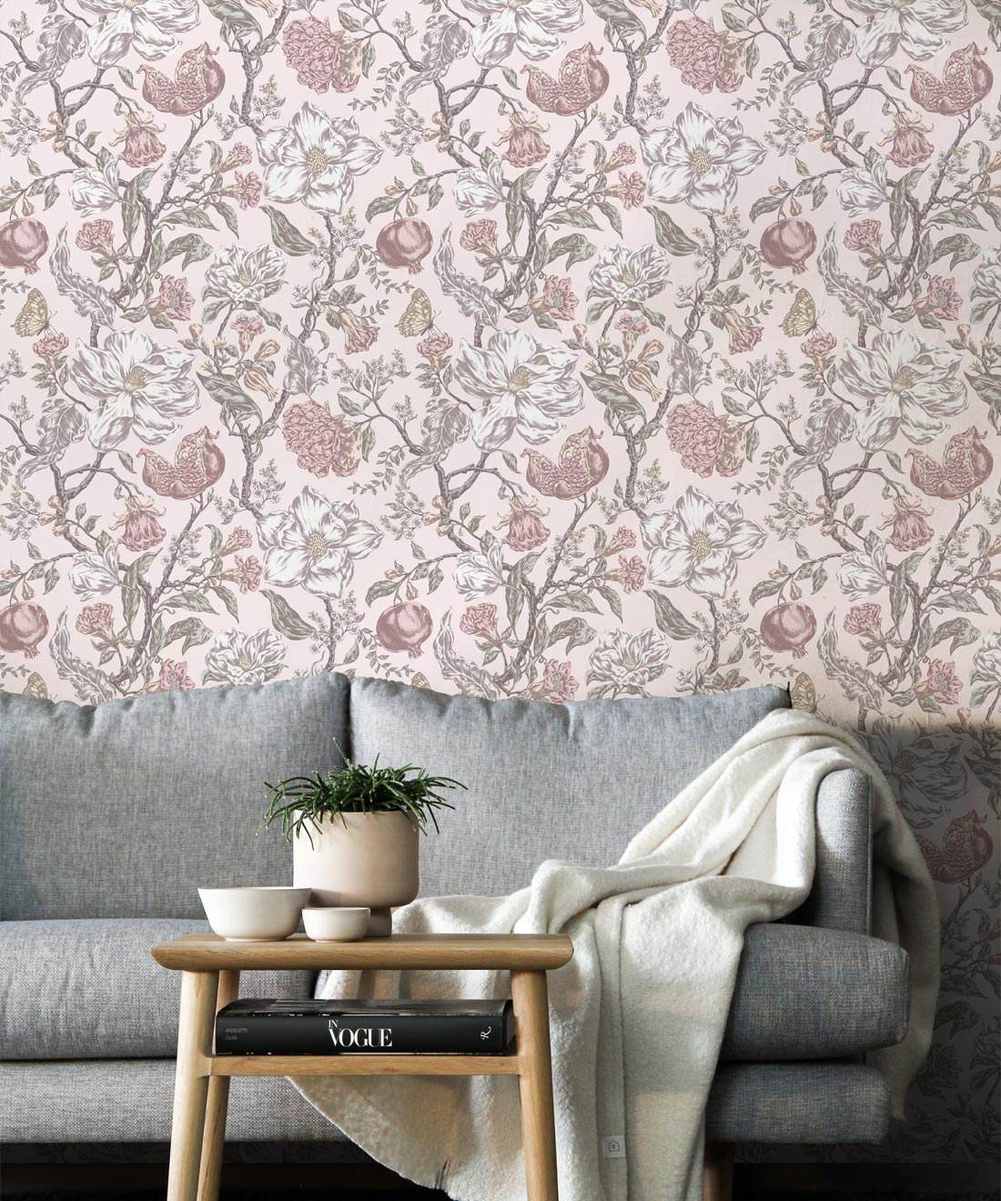 Magnolia Garden Wallpaper • Floral Wallpaper with Pomegranates • Iryna Ruggeri • Pink • Insitu