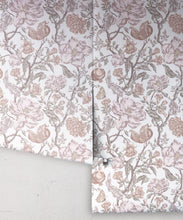 Load image into Gallery viewer, Magnolia Garden Wallpaper • Floral Wallpaper with Pomegranates • Iryna Ruggeri • White • Rolls