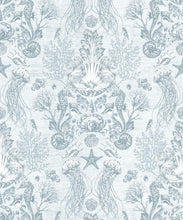 Load image into Gallery viewer, Oceania Damask Wallpaper • Sea Life Wallpaper with Seahorses, Starfish, Jellyfish • Iryna Ruggeri • Aqua • Swatch