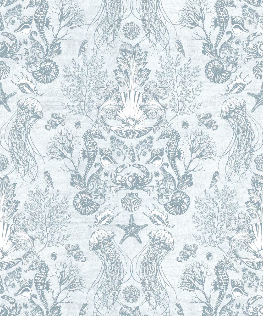 Oceania Damask Wallpaper • Sea Life Wallpaper with Seahorses, Starfish, Jellyfish • Iryna Ruggeri • Aqua • Swatch