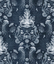 Load image into Gallery viewer, Oceania Damask Wallpaper • Sea Life Wallpaper with Seahorses, Starfish, Jellyfish • Iryna Ruggeri • Blue • Swatch