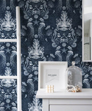 Load image into Gallery viewer, Oceania Damask Wallpaper • Sea Life Wallpaper with Seahorses, Starfish, Jellyfish • Iryna Ruggeri • Blue • Insitu