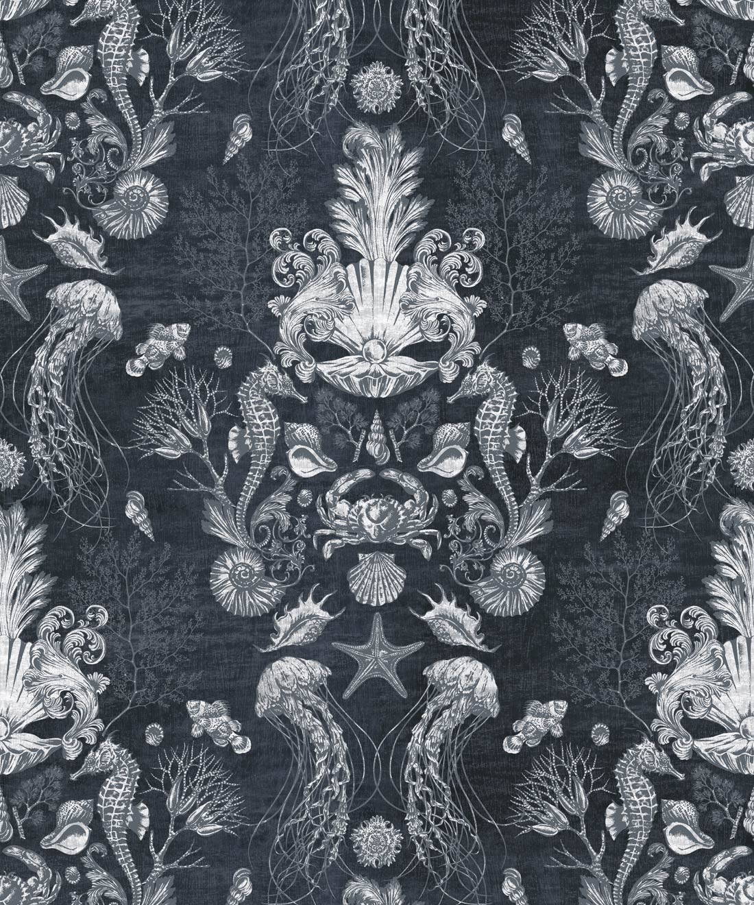 Oceania Damask Wallpaper • Sea Life Wallpaper with Seahorses, Starfish, Jellyfish • Iryna Ruggeri • Grey • Swatch