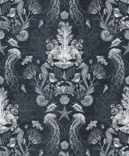 Load image into Gallery viewer, Oceania Damask Wallpaper • Sea Life Wallpaper with Seahorses, Starfish, Jellyfish • Iryna Ruggeri • Grey • Swatch