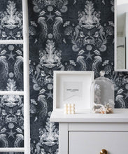 Load image into Gallery viewer, Oceania Damask Wallpaper • Sea Life Wallpaper with Seahorses, Starfish, Jellyfish • Iryna Ruggeri • Grey • Insitu
