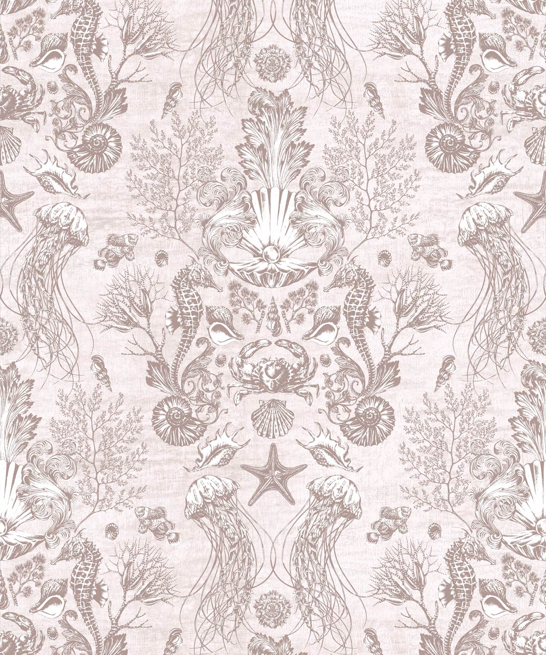 Oceania Damask Wallpaper • Sea Life Wallpaper with Seahorses, Starfish, Jellyfish • Iryna Ruggeri • Sand • Swatch