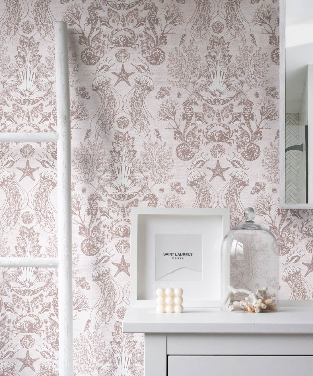 Oceania Damask Wallpaper • Sea Life Wallpaper with Seahorses, Starfish, Jellyfish • Iryna Ruggeri • Sand • Insitu