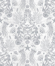 Load image into Gallery viewer, Oceania Damask Wallpaper • Sea Life Wallpaper with Seahorses, Starfish, Jellyfish • Iryna Ruggeri • Silver • Swatch