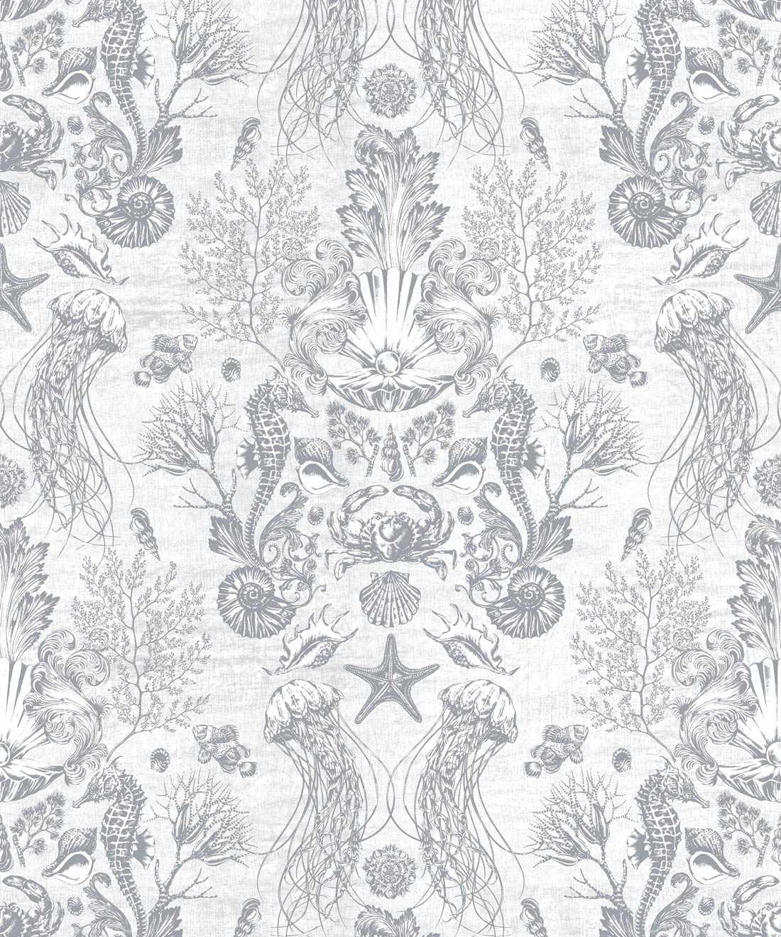 Oceania Damask Wallpaper • Sea Life Wallpaper with Seahorses, Starfish, Jellyfish • Iryna Ruggeri • Silver • Swatch