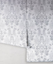 Load image into Gallery viewer, Oceania Damask Wallpaper • Sea Life Wallpaper with Seahorses, Starfish, Jellyfish • Iryna Ruggeri • Silver • Rolls