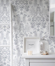 Load image into Gallery viewer, Oceania Damask Wallpaper • Sea Life Wallpaper with Seahorses, Starfish, Jellyfish • Iryna Ruggeri • Silver • Insitu