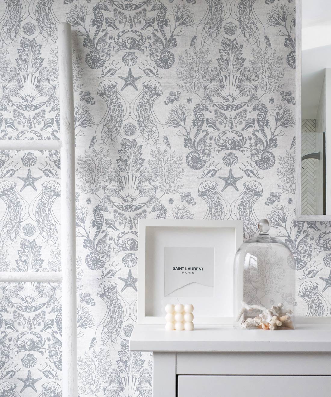Oceania Damask Wallpaper • Sea Life Wallpaper with Seahorses, Starfish, Jellyfish • Iryna Ruggeri • Silver • Insitu