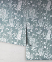 Load image into Gallery viewer, Woodland Friends Wallpaper • Forest Wallpaper with rabbits, hares, raccoons • Iryna Ruggeri • Duck Egg • Rolls