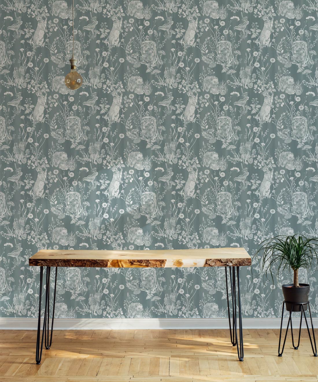 Woodland Friends Wallpaper • Forest Wallpaper with rabbits, hares, raccoons • Iryna Ruggeri • Duck Egg • Insitu