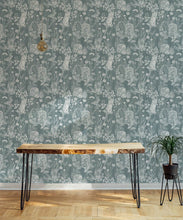 Load image into Gallery viewer, Woodland Friends Wallpaper • Forest Wallpaper with rabbits, hares, raccoons • Iryna Ruggeri • Duck Egg • Insitu