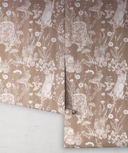 Load image into Gallery viewer, Woodland Friends Wallpaper • Forest Wallpaper with rabbits, hares, raccoons • Iryna Ruggeri • Ecru • Rolls