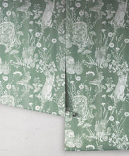 Load image into Gallery viewer, Woodland Friends Wallpaper • Forest Wallpaper with rabbits, hares, raccoons • Iryna Ruggeri • Green • Rolls