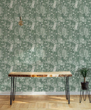 Load image into Gallery viewer, Woodland Friends Wallpaper • Forest Wallpaper with rabbits, hares, raccoons • Iryna Ruggeri • Green • Insitu