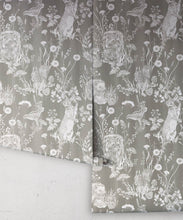 Load image into Gallery viewer, Woodland Friends Wallpaper • Forest Wallpaper with rabbits, hares, raccoons • Iryna Ruggeri • Grey • Rolls