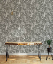 Load image into Gallery viewer, Woodland Friends Wallpaper • Forest Wallpaper with rabbits, hares, raccoons • Iryna Ruggeri • Grey • Insitu