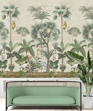 Load image into Gallery viewer, Indian Summer Wallpaper Mural •Bethany Linz • Palm Tree Mural • Aged • Insitu with mint Green sofa