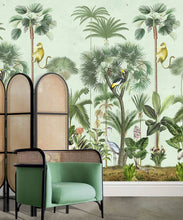 Load image into Gallery viewer, Indian Summer Wallpaper Mural •Bethany Linz • Palm Tree Mural • Blue • Insitu with chair