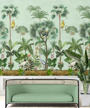Load image into Gallery viewer, Indian Summer Wallpaper Mural •Bethany Linz • Palm Tree Mural • Blue • Inisitu with mint green sofa