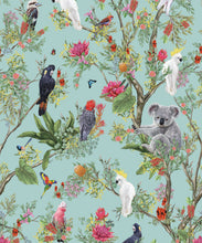 Load image into Gallery viewer, Australia Wallpaper • Cockatoos, Koalas, Parrots, Finches • Milton &amp; King USA • Mint Green Wallpaper Swatch