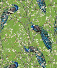 Load image into Gallery viewer, Almond Blossom Wallpaper • Chinoiserie Wallpaper • Wallpaper with Peacocks • Green Chartreause Wallpaper • Swatch