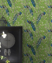 Load image into Gallery viewer, Almond Blossom Wallpaper • Chinoiserie Wallpaper • Wallpaper with Peacocks • Green Chartreause Wallpaper • Insitu