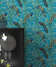 Load image into Gallery viewer, Almond Blossom Wallpaper • Chinoiserie Wallpaper • Wallpaper with Peacocks • Light Blue Duck Egg Wallpaper • Insitu