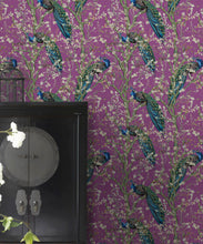Load image into Gallery viewer, Almond Blossom Wallpaper • Chinoiserie Wallpaper • Wallpaper with Peacocks • Purple Eggplant Wallpaper • Insitu