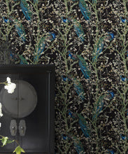 Load image into Gallery viewer, Almond Blossom Wallpaper • Chinoiserie Wallpaper • Wallpaper with Peacocks • Black Night Wallpaper • Insitu