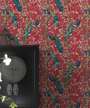 Load image into Gallery viewer, Almond Blossom Wallpaper • Chinoiserie Wallpaper • Wallpaper with Peacocks • Red Lantern Wallpaper • Insitu