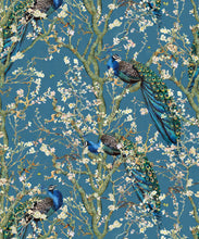 Load image into Gallery viewer, Almond Blossom Wallpaper • Chinoiserie Wallpaper • Wallpaper with Peacocks • Royal Blue Wallpaper • Swatch