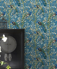 Load image into Gallery viewer, Almond Blossom Wallpaper • Chinoiserie Wallpaper • Wallpaper with Peacocks • Royal Blue Wallpaper • Insitu