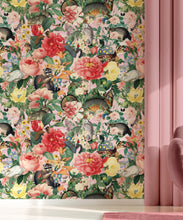 Load image into Gallery viewer, Bush Bouquet Spring Wallpaper • Coral Colored Wallpaper • Assorted Color and Multi-color wallpaper • Floral Wallpaper • Wallpaper With Forest Animals • Insitu