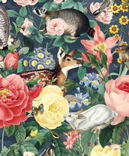 Load image into Gallery viewer, Bush Bouquet Spring Wallpaper • maximalist nature • Nightfall Colored Wallpaper • Assorted Color and Multi-color wallpaper • Floral Wallpaper • Wallpaper With Forest Animals • Swatch