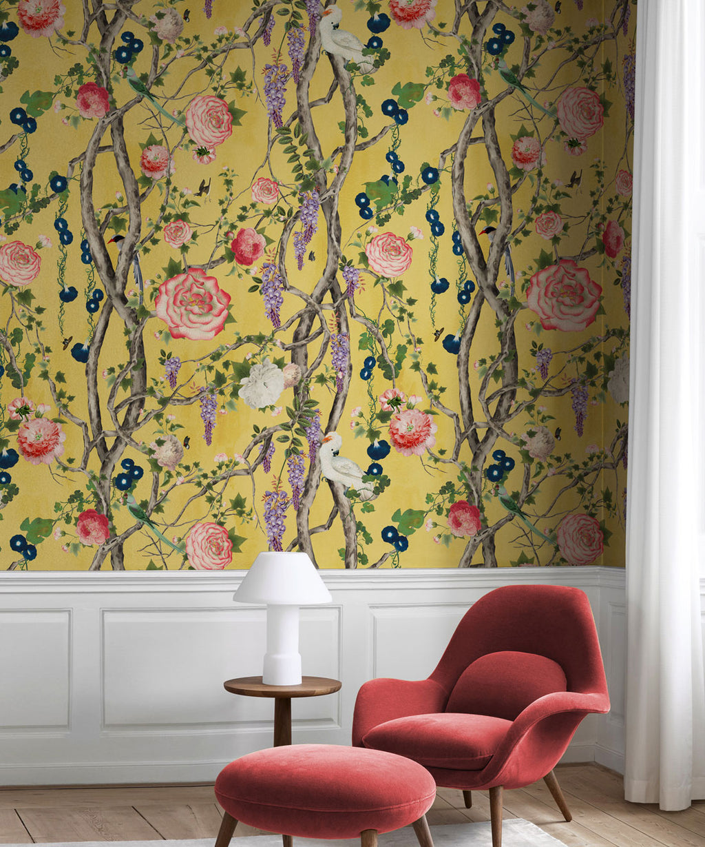 Empress Wallpaper • Romantic Wallpaper • Floral Wallpaper • Chinoiserie Wallpaper • Yellow color wallpaper insitu • Honey